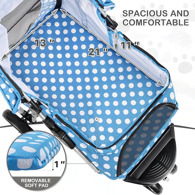 MoNiBloom 3 Wheels Pet Dog Cat Stroller for Small Medium Dogs Cats, Foldable Jogger Stroller w/Storage Basket and Cup Holder, Sky Blue Polka Dots