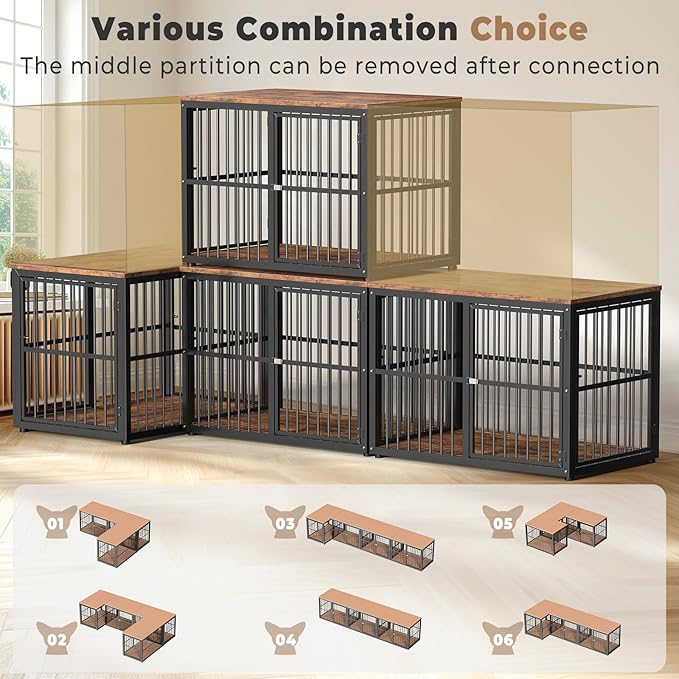 Lyromix 43'' Dog Crate Furniture with 3 Doors, XL Wooden Crate End Table Heavy Duty Indoor Puppy Cage for Medium to Large Dogs, Multiple Units Can be Combined