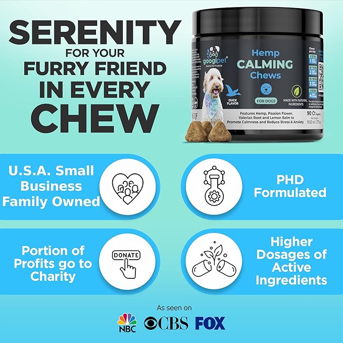 Googipet Hemp Calming Chews for Dogs - Separation Anxiety Relief for Dogs, Non-Drowsy Dog Calming Chews - Anxiety Relief Treats with Valerian Root, & Hemp (Calming Chews)