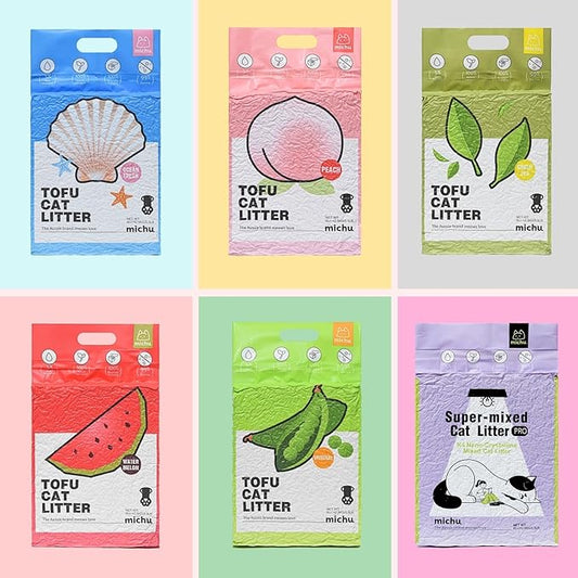 Michu Tofu Cat Litter Natural Clumping Tofu Cat Litter, Fast Clumping and Easily Scoop-able 5.5lb/88oz 5 Scents - Rainbow Combo, 6 Pack