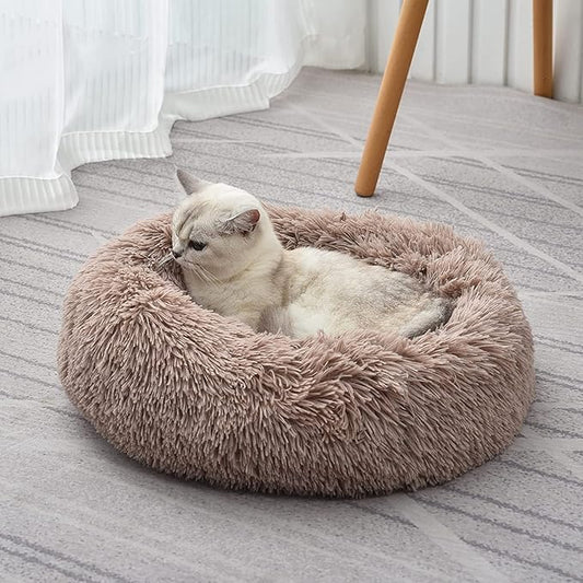 Cat Beds for Indoor Cats - Cat Bed Washable 24 inches, Dog Beds for Small Medium Dogs, Anti Anxiety Round Fluffy Plush Faux Fur Cat Bed, Thick Bottom (Light Brown, Large 24" L x 24" W)