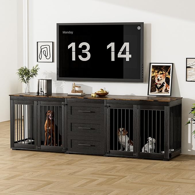 Rophefx 94.5" Dog Crate Furniture for 2 Dogs, Large Dog Kennel Furniture with 3 Storage Drawer, Wooden Dog Cage with 4 Bowls, Indoor Dog House TV Stand with Locks for Large Medium Dog, Black