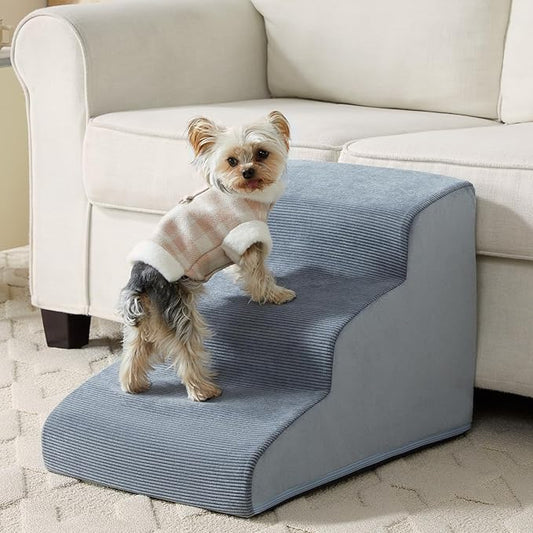 Dog Stairs for Small Dogs, 3-Steps Dog Ramp for Bed and Couch, Pet Stairs with Highly Supportive Foam and Non-Slip Bottom, Dogs Steps for Cat & Doggie (High 15.7 Inch)