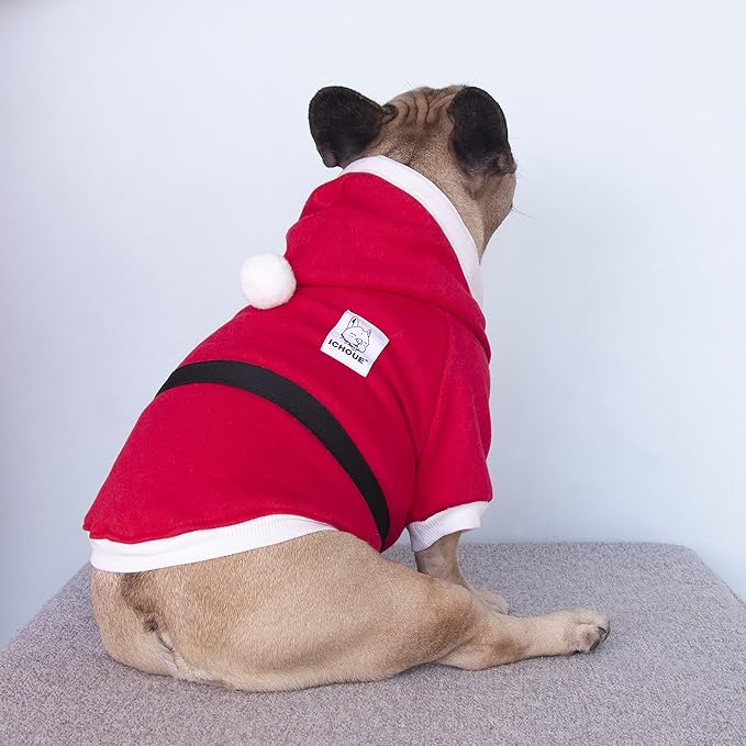 iChoue Santa Claus Father Christmas Dog Costumes Clothes Hoodies for French Bulldog Cold Weather Winter Coats Frenchie English Pug Boston Terrier - Red/Large Plus
