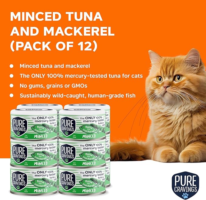 Pure Cravings Minced Tuna and Mackerel Wet Canned Cat Food, 100% Mercury-Tested Tuna, Moist Can Fish for Cats, Grain-Free, Protein, Non-GMO, 3oz, Pack of 12