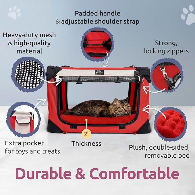 Soft-Sided Cat & Dog Pet Carrier, Large 24"x16"x16", Fits Large Cat, 2 Cats, or Medium Dog Comfortably, Great for Travel & Vet Visits, Privacy Windows, Removable Bed, Locking Zippers, Folds Flat