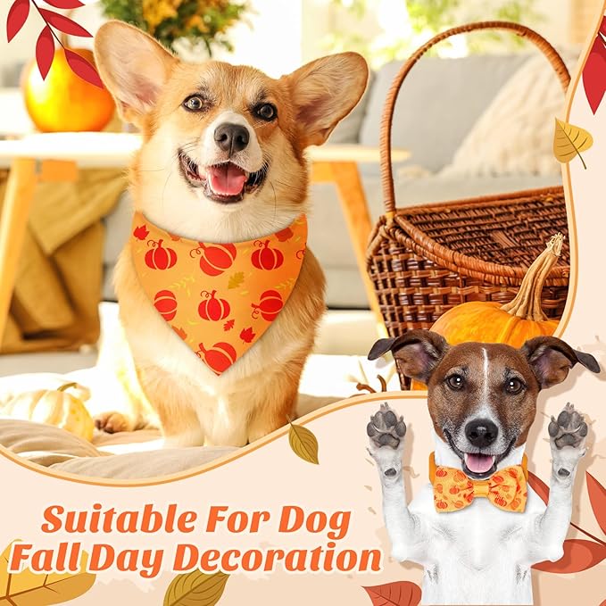Sanwuta 100 Pcs Thanksgiving Fall Dog Bandanas Bulk and Collar Bow Ties Set 50 Autumn Bandanas 50 Fall Dog Collar Pet Maple Leaves Pumpkin Triangle Pet Scarf Bowtie for Small Medium Large Costume