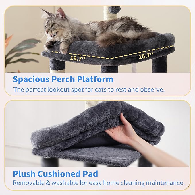 Heybly Cat Tree, 71-Inch Tall Cat Tower for Large Maine Coon Cats with Extra-Large Baseboard, Cat Condo Furniture with Multi-Level Platforms, 2 Hammocks and 12 Scratching Posts, Smoky Gray HCT037G