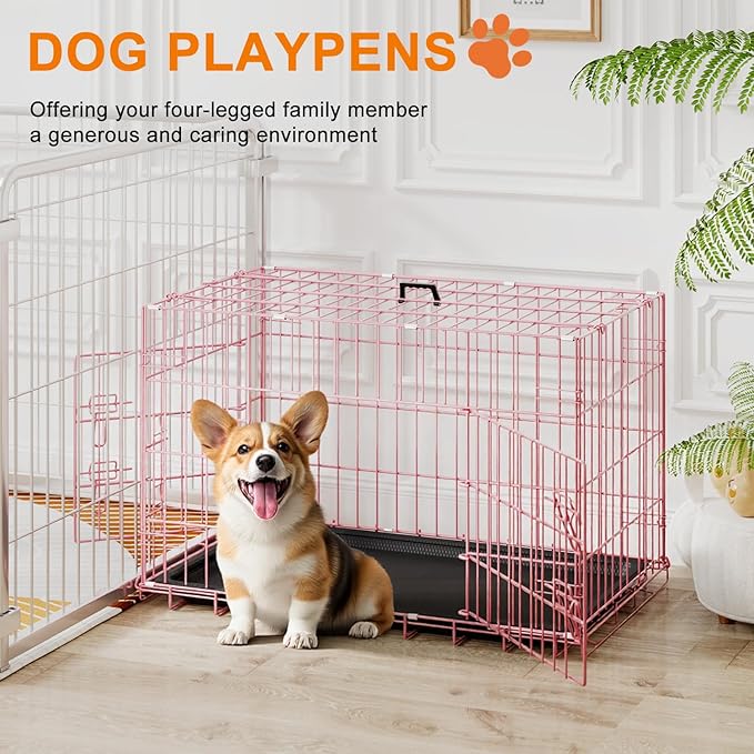 FDW 30inch Dog Crate Pet Cage with Metal Folding Design Plastic Tray Indoor Outdoor Dog Kennel Cage for Small and Medium Dogs,Pink