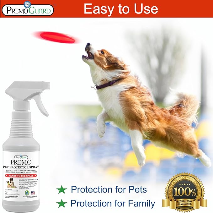 Premo Guard Pet Protector Spray - 16 oz - Kills Mites, Fleas, Ticks, & Mosquitoes - for Dogs, Cats, & Home - Natural Plant Based Oils for Control, Prevention & Treatment - Family Safe