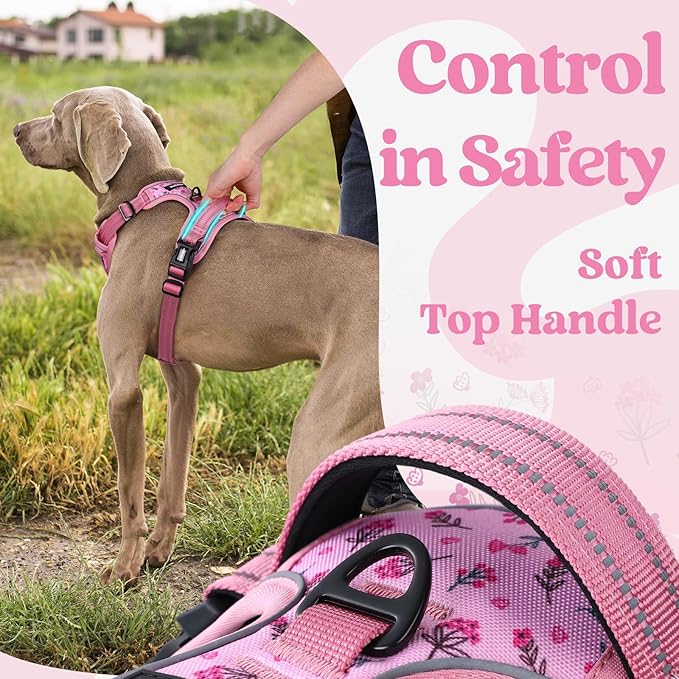 rabbitgoo Dog Harness for Large, No Pull Pet Harness with 3 Buckles, Adjustable Soft Padded Vest with Control Handle, Walking Reflective Pet Vest for Large Dogs, Floral Pink, L