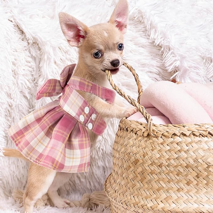 4 Pcs Cute Plaid Dog Dress Set with Bow Tie Harness & Leash for Small Dogs, Puppy Clothes for Girls Summer Outfits(M,Dark Color)