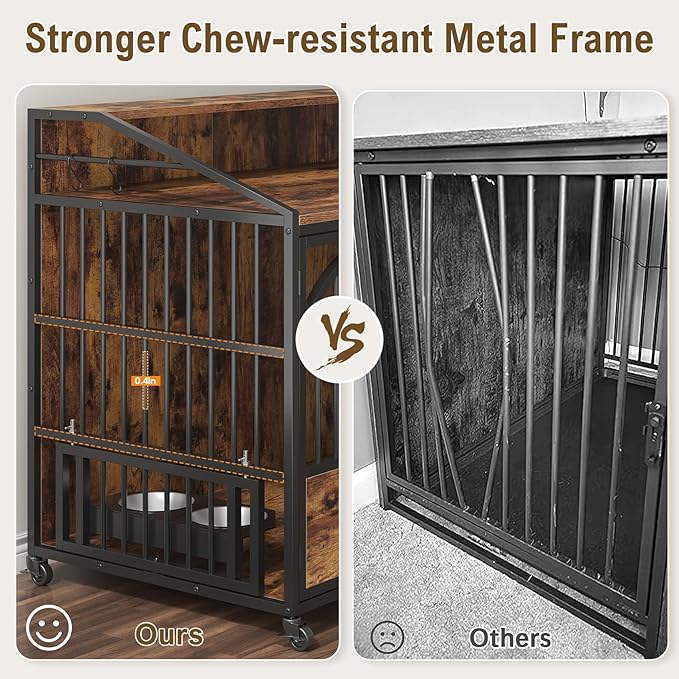 44 Inch Heavy Duty Dog Crate Furniture with 3 Doors, Dog Kennel with 360° Stainless Steel Bowls, Lockable Wheels, Wood Dog Cage End Table with Led Light, Pet Crate Dog Cage for Large/Medium/Small Dogs