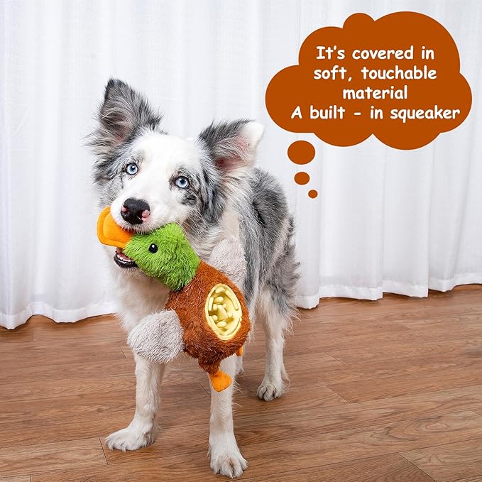 Hollypet Squeaky Plush Stuffed Dog Puzzle Toy with Slow Feeder Bowl, Interactive Chew Toy for Small and Medium Dogs, Wild Duck