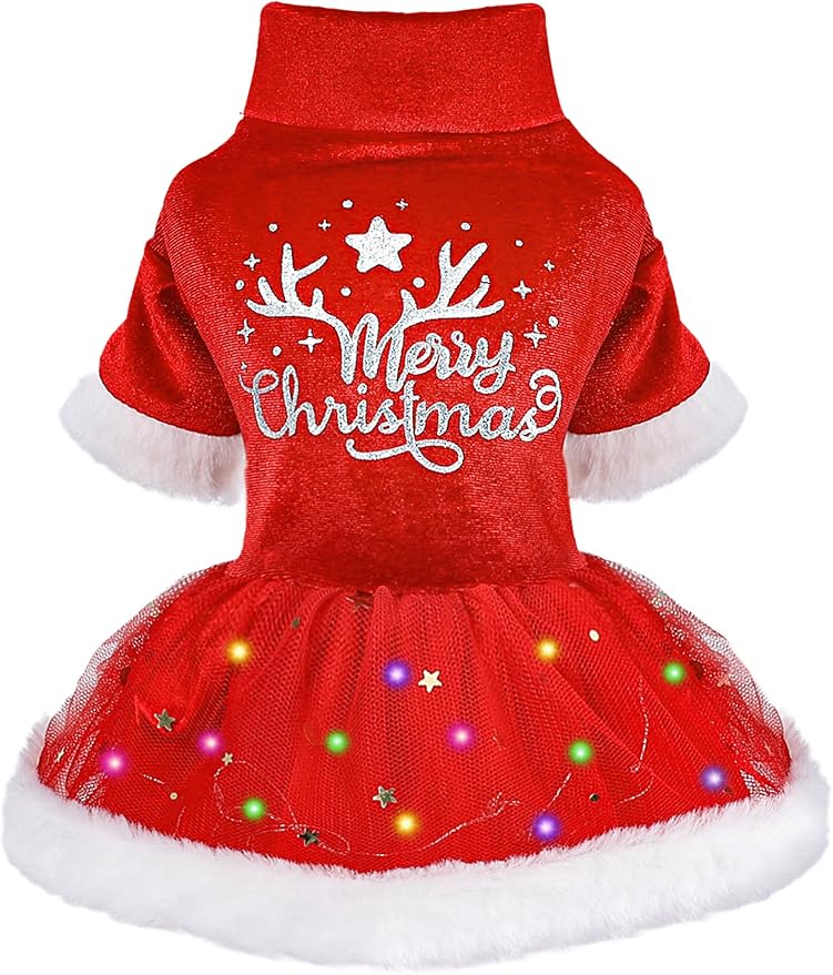 Dog Christmas Dress Christmas Sweater, Pet Xmas Outfits, Puppy Tulle Dress, Pet Fall Clothes for Small Dogs Girl, Lightweight Velvet Puppy Dresses, Kitty Cat Apparel (S, Red)