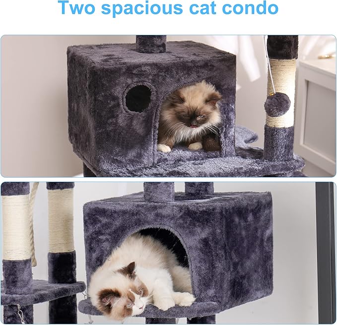 Hey-brother Multi-Level Cat Tree Condo Furniture with Sisal-Covered Scratching Posts, 2 Plush Condos, Perch Hammock for Kittens, Cats and Pets, Smoky Gray MPJ020-SG