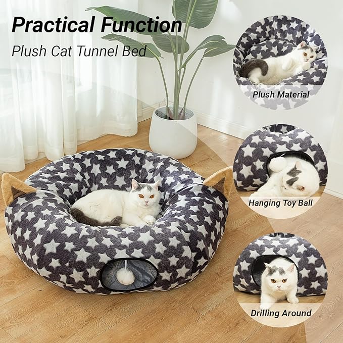 LUCKITTY Large Cat Tunnel Bed Under Christmas Tree with Fluffy Toy Balls, Small Cushion and Flexible Design- 10 inch Diameter, 3 ft Length- Great for Cats, and Small Dogs, Gray Star Pattern