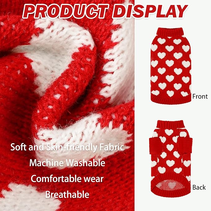 KOOLTAIL Cat Turtleneck Sweater - Soft Knit Cat Christmas Sweater, Heart Love Pattern, Thick Warm Cold Weather Clothes for Small to Large Kittens & Puppies, Red