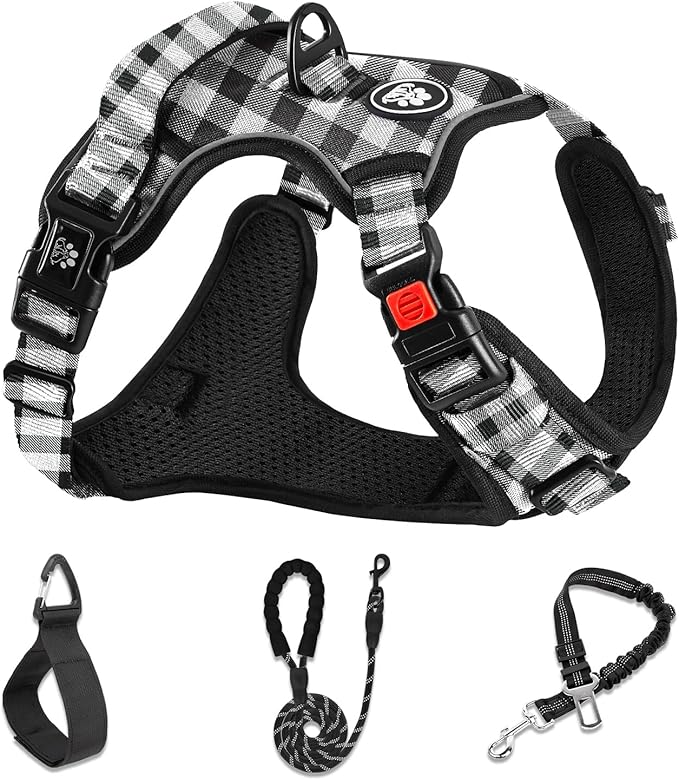 NESTROAD No Pull Dog Harness with Leash, Reflective No Choke Pet Vest Harness,Adjustable Soft Padded Dog Harness with Easy Control Handle for Large Dogs(Checkered Black,Large)