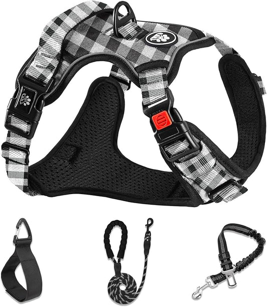 NESTROAD Dog Harness (Checkered Black,S) with Leash, Reflective, Adjustable, Soft Padded, Easy Control Handle, for Small Dogs, Front & Rear Clip Design