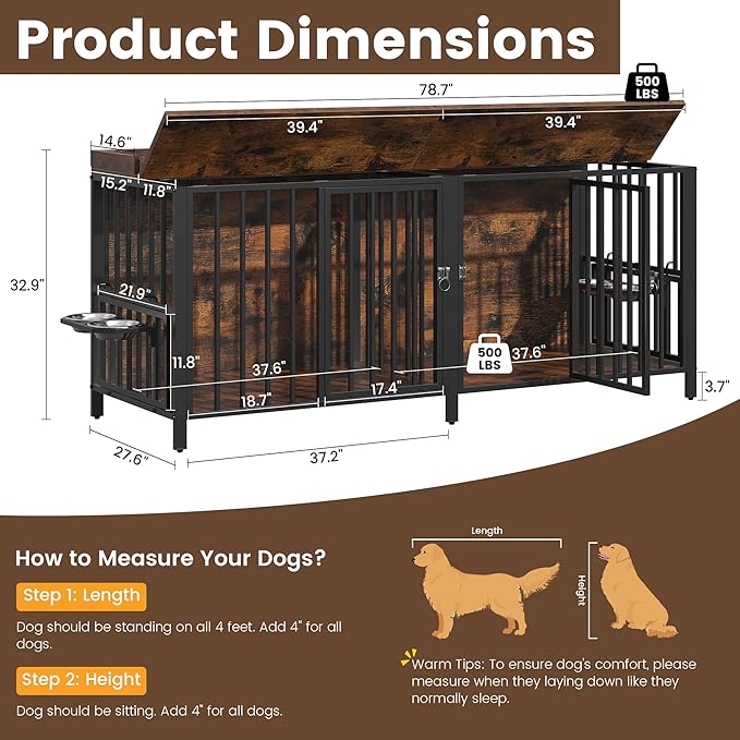 BOINN 78 Inch Dog Crate, Large Dog Crate for 2 Dogs, Dog Kennel Indoor for Large/Medium Dogs with Top Access Door, XL Wooden Dog Cage with 360 Degree Rotatable Stainless Bowls, Heavy Duty Steel Frame