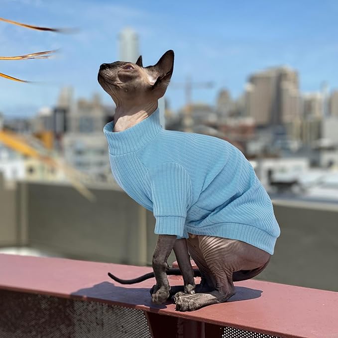 PUMYPOREITY Cat Clothes, Stretchy Cat Shirt, Cat Sweater with Sleeves, Sphynx Cat Clothes, Soft Cat Shirts for Cats Only, Pullover Cat Pajama for Sphynx Hairless Cat, Devon Rex, Blue, L