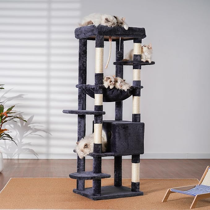 Heybly Cat Tree for Large Cats 20lbs Heavy Duty, 60 inches XXL Cat Tower for Indoor Cats, Multi-Level Furniture Condo with Big Padded Plush Perch, Cozy Basket, Smoky Gray HCT050G