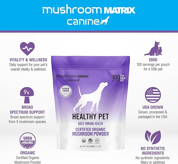 Om Mushroom Matrix Healthy Pet Mushroom Supplement, Supports Daily Functional Immune Support for Dogs & Cats, 200 Grams, 7.1 oz