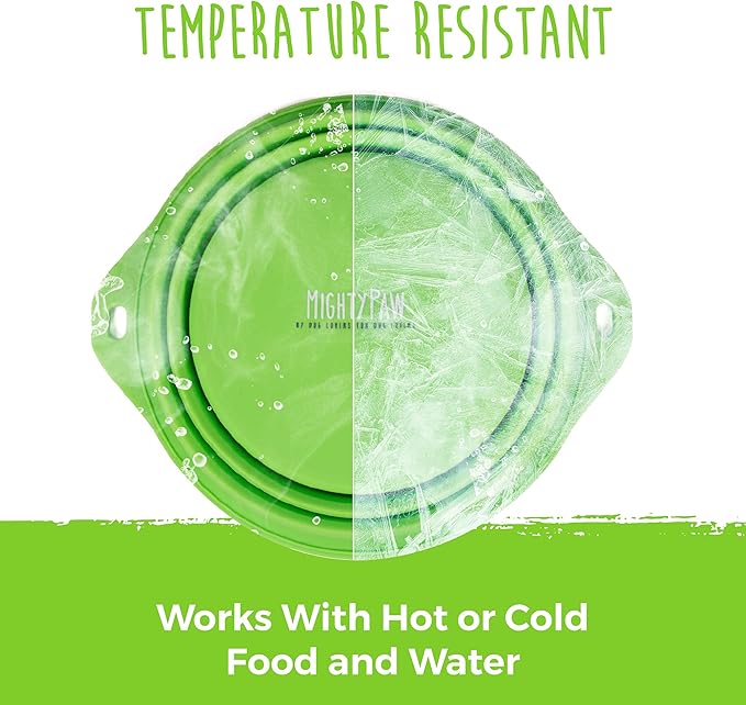 Mighty Paw Travel Dog Bowl Set - Silicone Food - Bonus Carabiner Clip - Ideal for Hiking - Camping - Lightweight - Leak-Proof - Collapsible Dog Bowl with Lid - Green - 2 Pack (27 Oz)