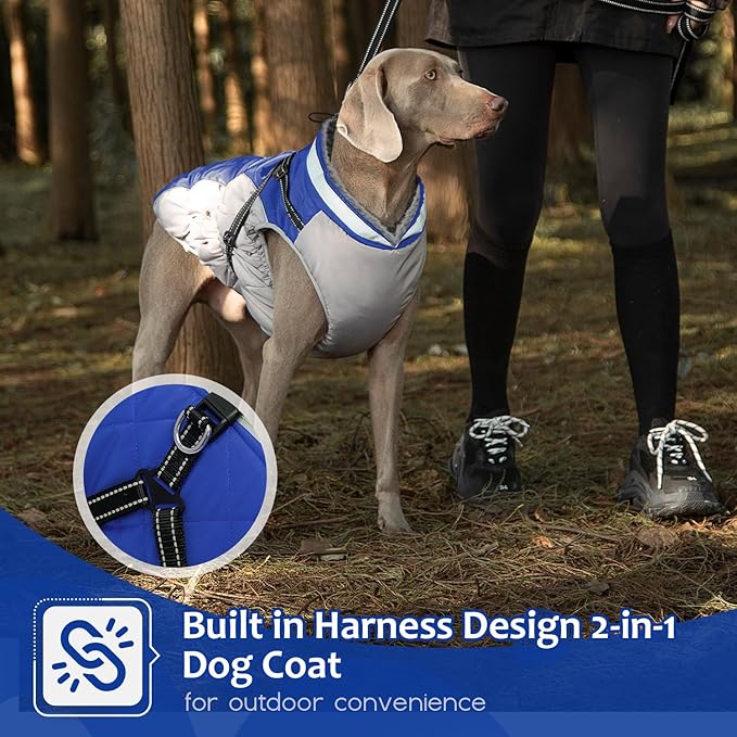 Dog Winter Coat with Harness, Dog Jacket, Pet Clothes with Zipper on Back, Waterproof Windproof Warm Vest, Reflective Cold Weather Coats, for Small Medium Large Dogs, Thick, Blue, L