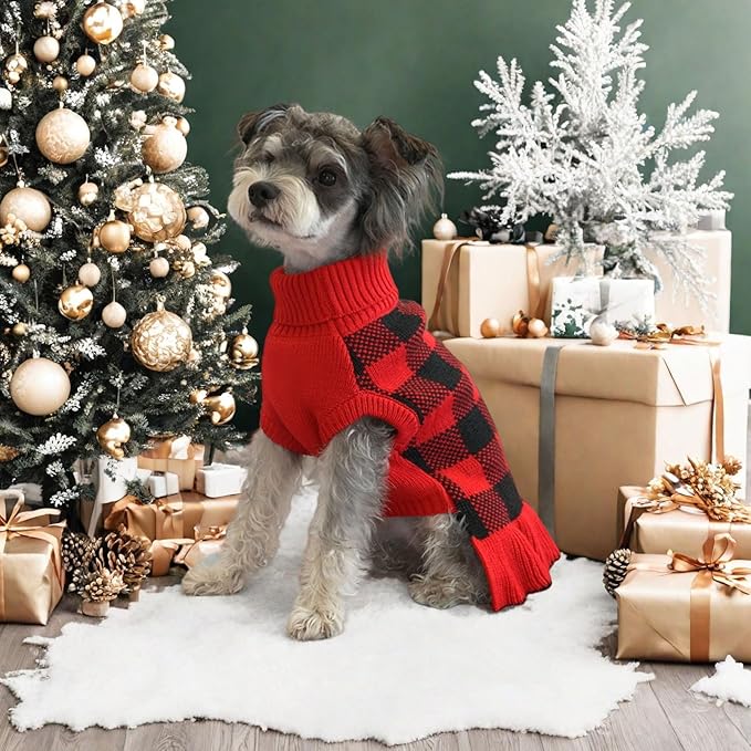 Dog Sweater Dress Plaid Knitwear for Small Medium Dogs Warm Puppy Pet Turtleneck Stretch Pullover Cute Fall Winter Vest Clothes with Leash Hole for Christmas (Red, XL)