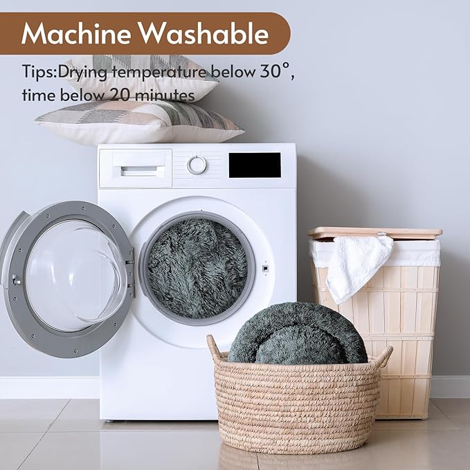 JOLLYVOGUE Calming Dog & Cat Bed for Small Dogs, Anti-Anxiety Donut Cuddler Cozy Soft Round Bed with Anti-Slip Bottom, Fluffy Faux Fur Plush Cushion Beds for Small Medium Dogs (27")