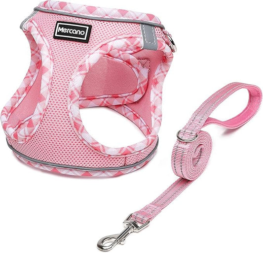 Mercano Soft Mesh Dog Harness and Leash Set, No-Chock Step-in Reflective Breathable Lightweight Easy Walk Vest Harnesses with Safety Buckle for Small Dogs, Cats (Pink, S)