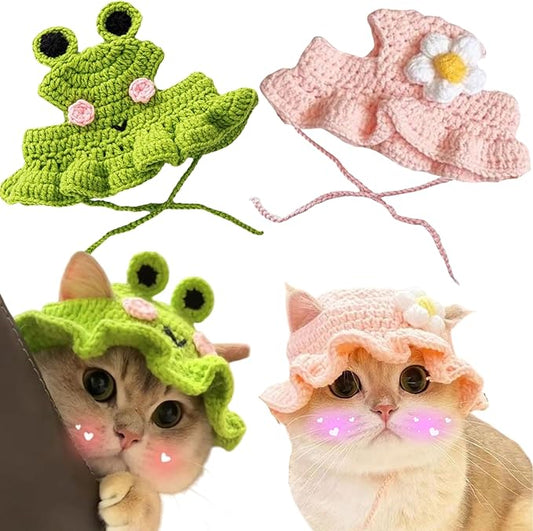 2Pcs Cute Knitted Rabbit Hat, Funny Bunny Hats for Pet Rabbits Large Guinea Pig Small Dog Cat Pet Bunny Costume for Birthday Party Christmas Halloween Easter Travel Accessories (Frog and Flower)