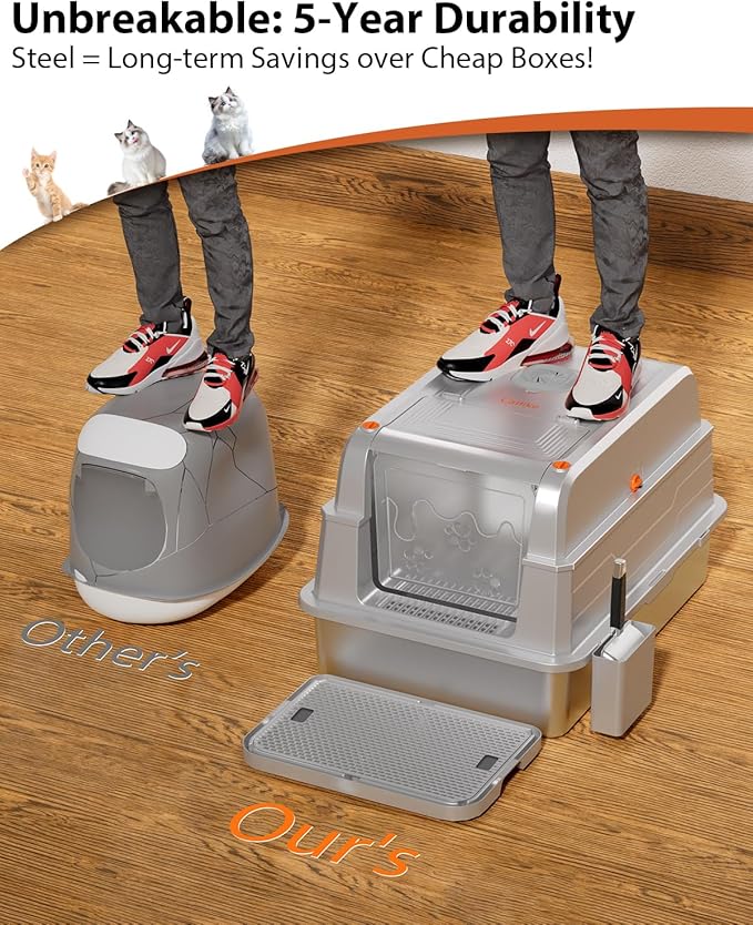 CATLIKE 2025 Upgrade 152L XXXL Stainless Steel Cat Litter Box - 3-Layer Urine Leak-Proof, Enclosed Design w/Charcoal Filter for Maine Coon & Multi-Cat Homes, Includes Metal Scoop & Mat