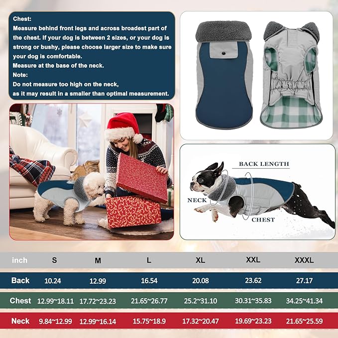 Doglay Dog Jacket Waterproof Dog Coat, Reflective Cold Weather Winter Coat, Adjustable Turtleneck Fleece Puppy Snow Jacket with Harness Hole for Small Medium Large Dogs