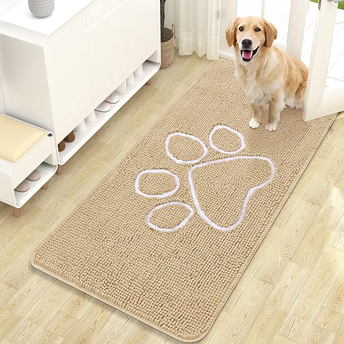 OLANLY Dog Door Mat for Muddy Paws 47x24, Paw Print Design, Absorbs Moisture and Dirt, Absorbent Non-Slip Washable Doormat, Quick Dry Chenille Mud Mat for Dogs, Entry Indoor Entryway Carpet, Beige