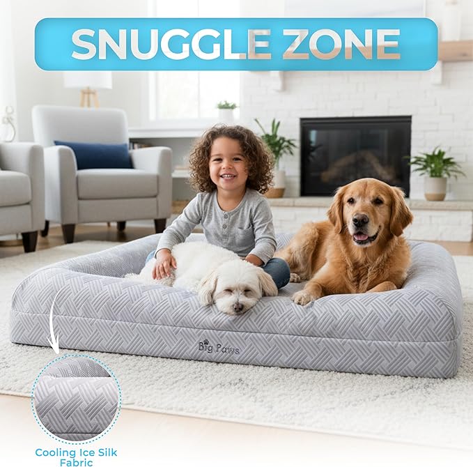 Big Paws Cooling Orthopedic Dog Bed for Large & Senior Dogs – Ice Silk Surface, Waterproof Liners, Washable Cover, Non-Slip Base, Raised Bolsters, Joint Support Foam – Gray