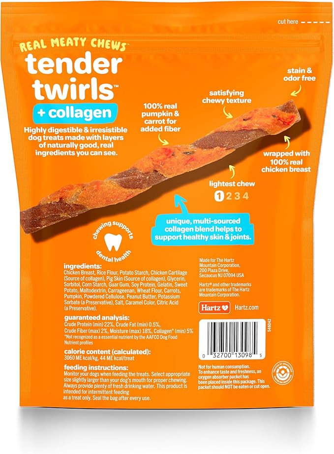 Hartz Oinkies Twirls + Collagen to Support Skin & Joints, Made with Real Chicken Breast, Highly Disgestible Dog Chews, 20 Count