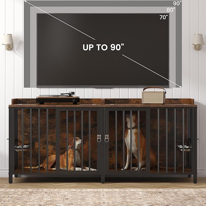 BOINN 78 Inch Dog Crate, Large Dog Crate for 2 Dogs, Dog Kennel Indoor for Large/Medium Dogs with Top Access Door, XL Wooden Dog Cage with 360 Degree Rotatable Stainless Bowls, Heavy Duty Steel Frame