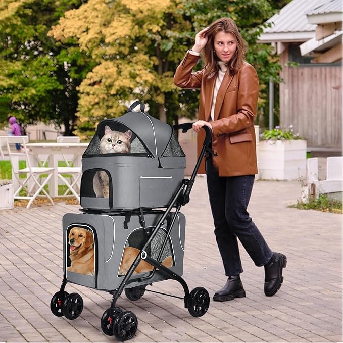 Petmolico Double Pet Stroller for 2 Cats/Dogs Strollers,2 Detachable Cat Carrier,No-Zip Double Pet Travel Storller for Small/Medium Dogs(Grey&Black)