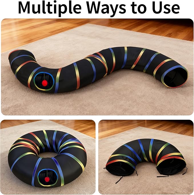 LUCKITTY Cat Tunnel Toy with Plush Ball & Cat Wand Feather Toys-Portable Tattaff Waterproof Washable-Interesting Pattern Collapsible Black Rainbow