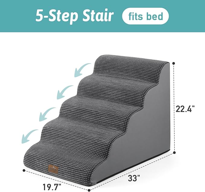Extra Wide Dog Stairs 19.7" Width, Large Pet Step for Small Medium Dog, Puppy or Cat, Ramp for High Bed or Car, High Density Foam Ladder, Stable, 5 Step, 19.7x33x22.4 in, Charcoal Grey