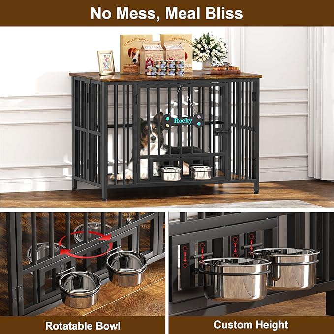 Easycom 41" Dog Crate Furniture Foldable, No Assembly Decorative Dog Kennel Indoor, Dog Crates for Large Dogs(35-60 lb), Wooden Dog Cage with Adjustable Bowls and Name Tag, End Table, Rustic Brown