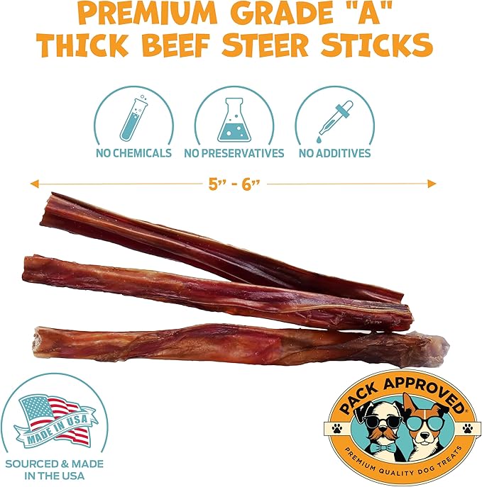 Thick Steer Bully Sticks for Medium Dogs & Small Breeds - No Hide Dog Chews & Single Ingredient Dog Treat - Bully Sticks for Medium Breeds - 5-6" (12ct)