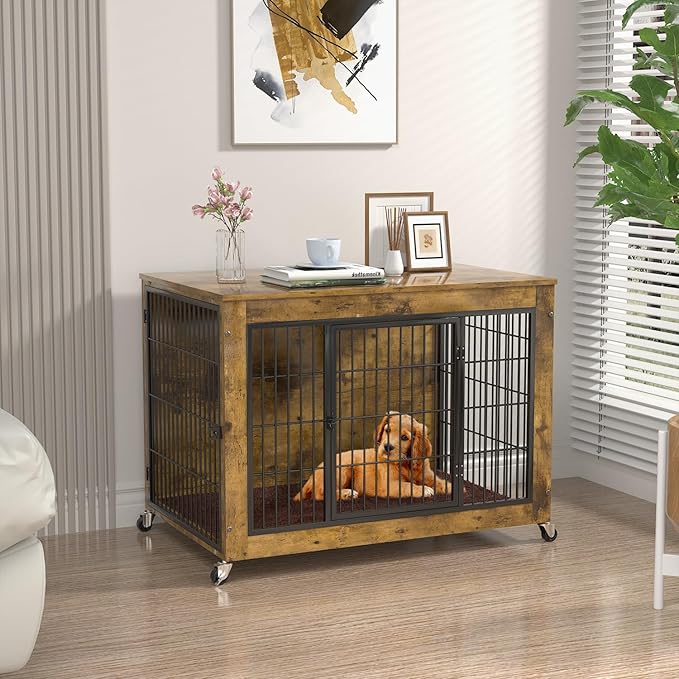 Dog Crate Furniture with Cushion,32" Wooden Dog Crate nightstand with Double Doors, Brown Kennel Indoor with Wheels, Decorative Pet House for Small Medium