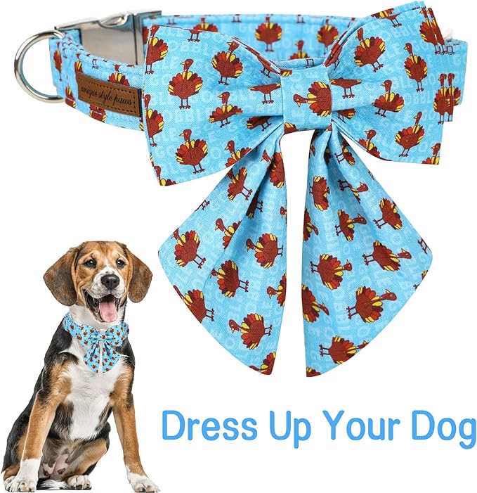 Unique style paws Thanksgiving Dog Collar with Bow Tie Blue Turkey Puppy Collar for Small Medium Large Dogs as Autumn Winter Pet Gifts-S