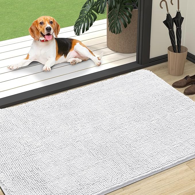 OLANLY Dog Door Mat for Muddy Paws 47x32, Absorbs Moisture and Dirt, Absorbent Non-Slip Washable Doormat, Quick Dry Chenille Mud Mat for Dogs, Entry Indoor Entryway Carpet for Inside Floor, White