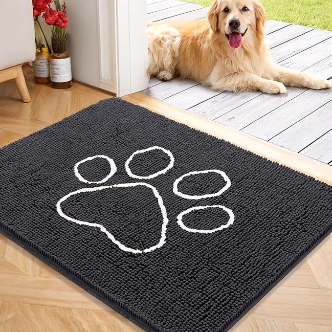 OLANLY Dog Door Mat for Muddy Paws 40x32, Paw Print Design, Absorbs Moisture and Dirt, Absorbent Non-Slip Washable Doormat, Quick Dry Chenille Mud Mat for Dogs, Entry Indoor Entryway Carpet, Dark Grey