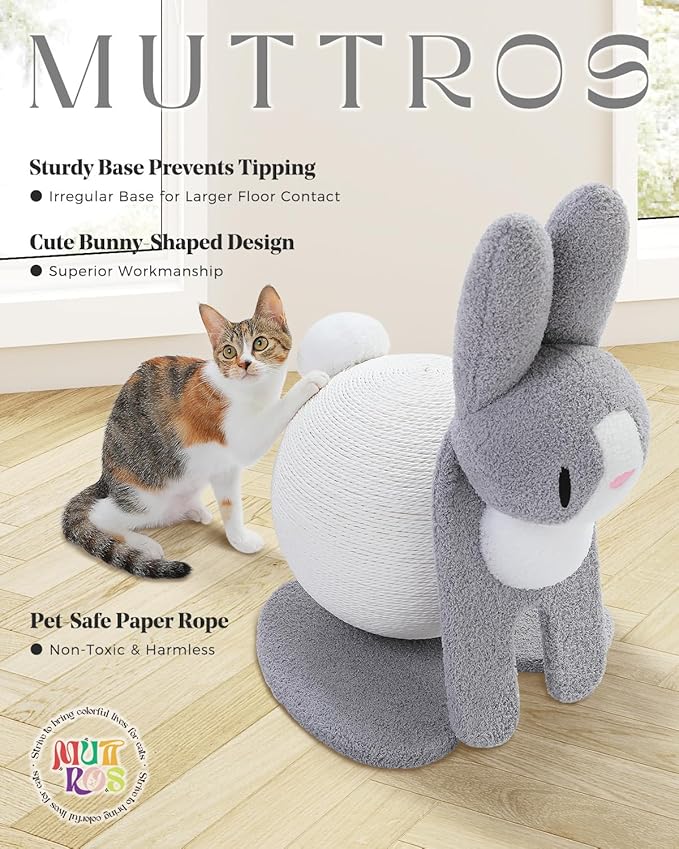 Cute Cat Scratcher- Bunny Style, Cat Scratching Post with Paper Rope, Extra Large Cat Scratch Ball (Ø11.8) for Indoor Kitten, Rabbit Scratch Ball for Kitty to Climb & Play, Gray